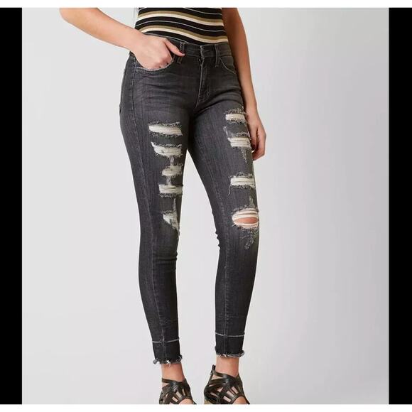 Kancan Mid-Rise Ankle Skinny Stretch Jean Black Distressed 26 - Picture 1 of 4